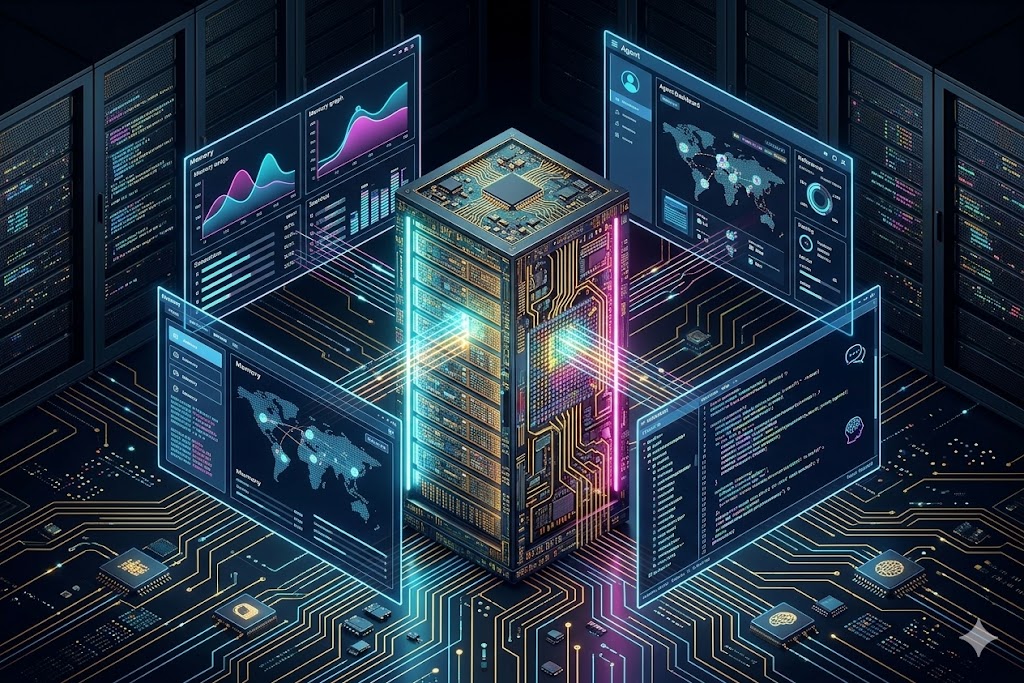 AI Infrastructure — server stack with agent dashboards and monitoring panels